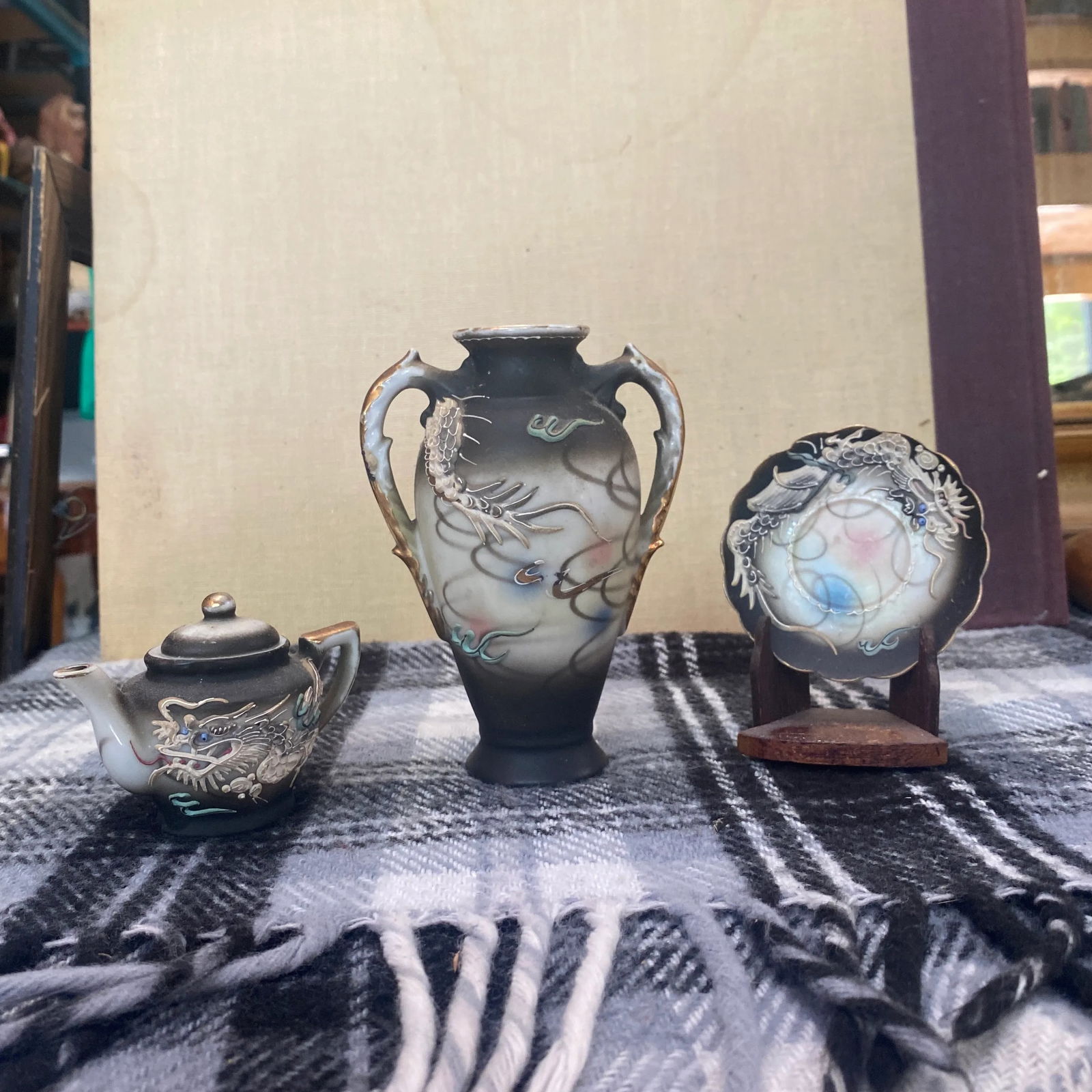 Asian Vase, Plate, and Tea Pot Nicknacks - Set of 2 - 11