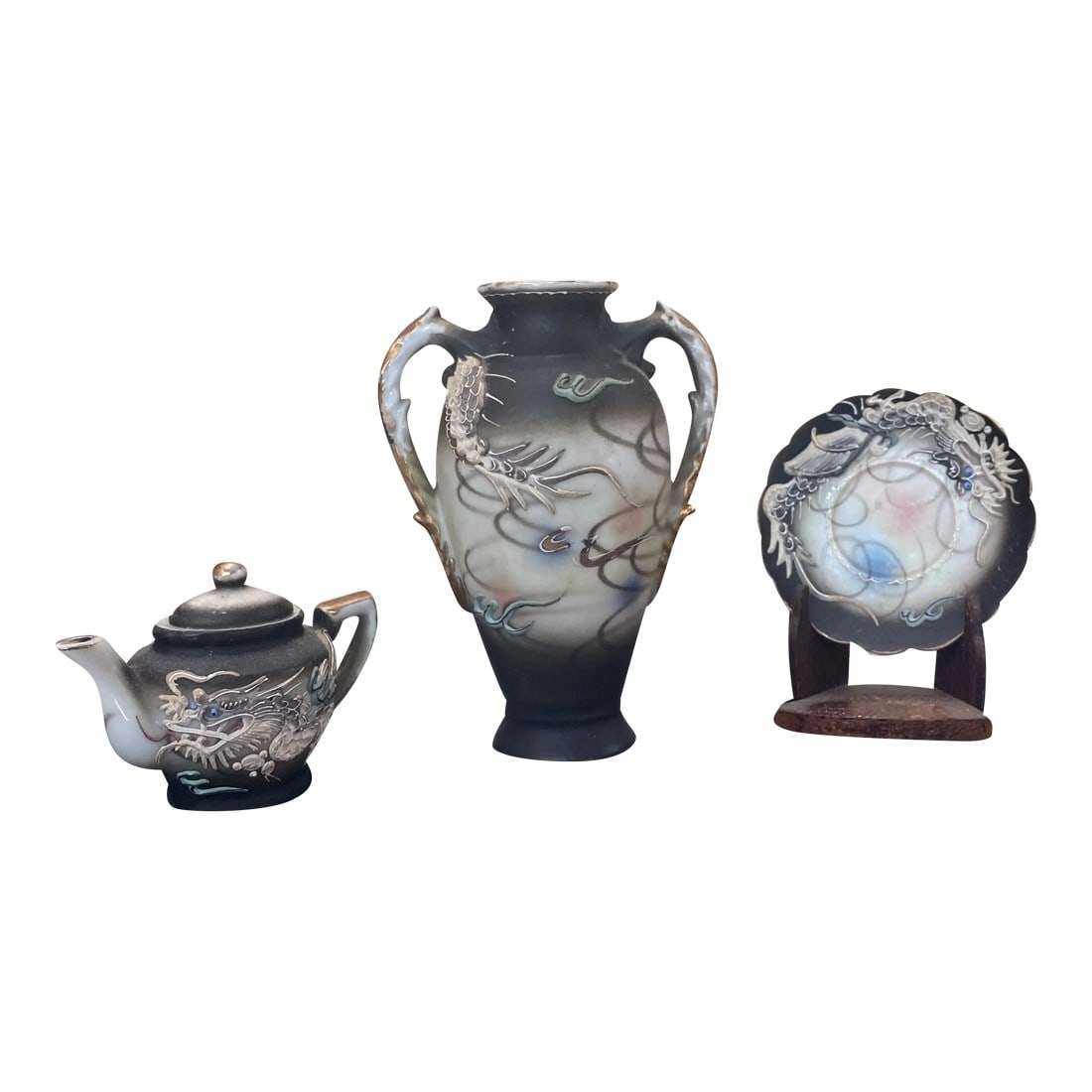 Asian Vase, Plate, and Tea Pot Nicknacks - Set of 2: These are all beautiful pieces with matching designs on all of them. This set includes a small teapot, and plate with a stand. Perfect for the interior designer or the enthusiast! Vase not available.