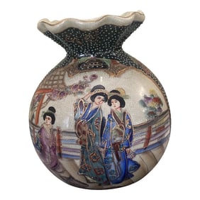 Chinoiserie Asian Vase With Ruffled Neck