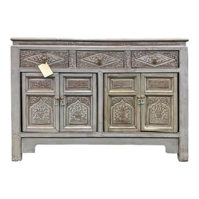Chinese Distressed Gray Floral Motif Sideboard Console Table Cabinet