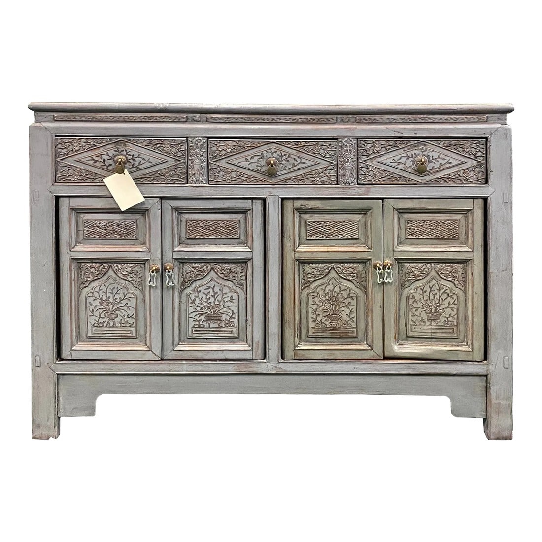 Chinese Distressed Gray Floral Motif Sideboard Console Table Cabinet: This is a console sideboard cabinet with oriental relief carving of flowers on the front apron. The surface is finished with rustic distressed gray color with marks. It is a charming piece as a