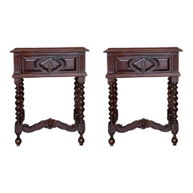 20th Century Pair of Solid Carved French Nightstands With Solomonic Columns