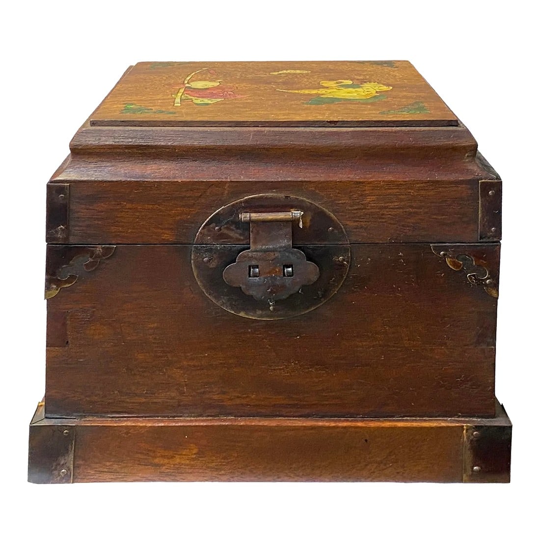 Chinese Brown Mop Inlay Motif Square Storage Box Chest: This is a vintage finish square wood box with a lid. The top is a colorful mother of pearl inlay motif. It has worn out patina and wood crack marks Dimensions: w8.5"x 8.5"x h8", inside w7"x d7"x h4"