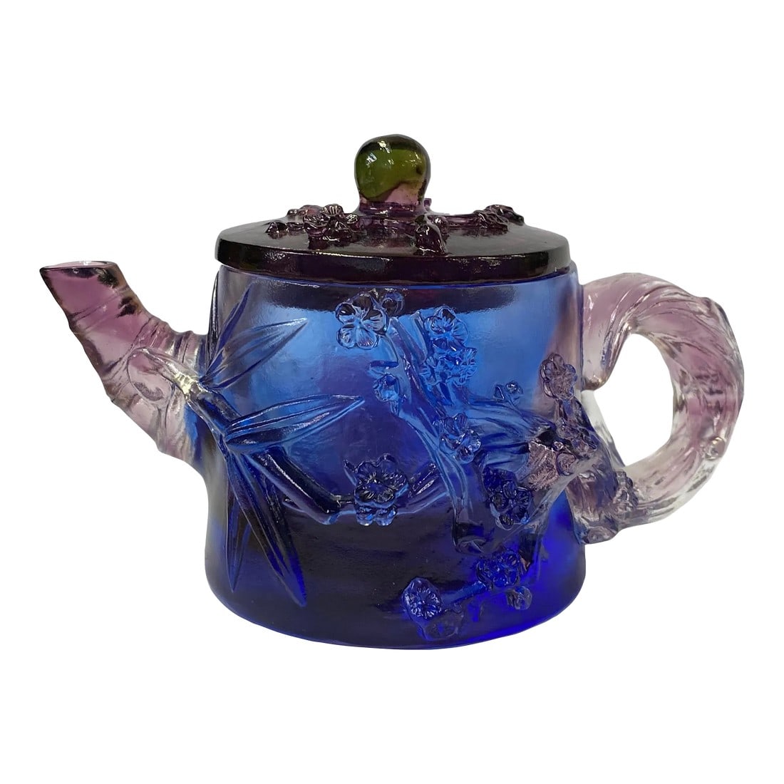 Crystal Glass Liuli Pate-De-Verre Multicolor Teapot Flower Display Figure: Handmade quality multi-color liuli glass flower bamboo theme teapot shape Display figure. Liu Li (crystal glass) is made at an extremely high temperature (over 1000 C), that's why it has a higher