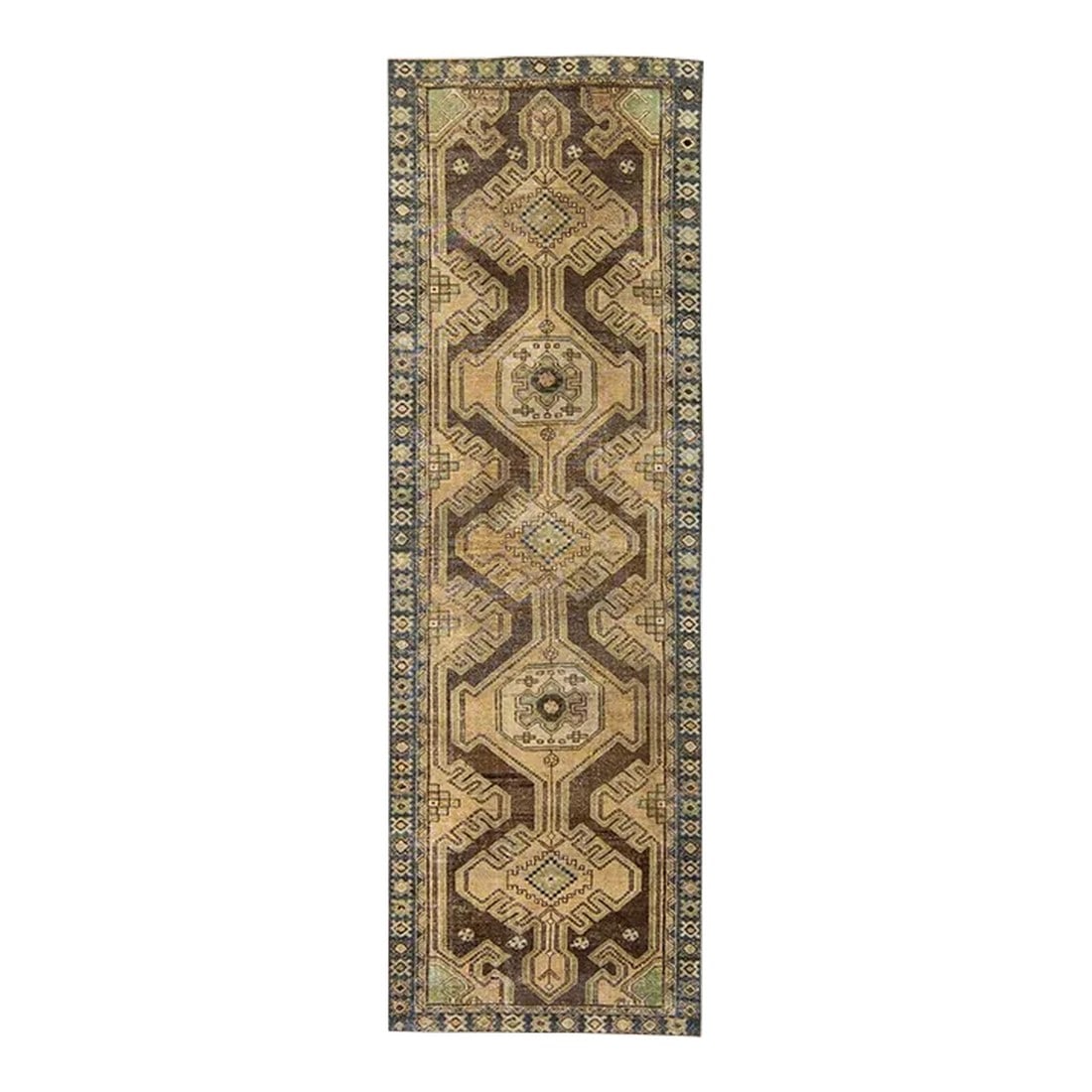 Vintage Distressed Tribal Tan Runner: Beautiful Vintage Tribal hand-knotted wool runner with a tan field. This runner has brown accents all-over a geometric distressed design. This rug measures: 3'1" x 9'7". Condition: Alterations: