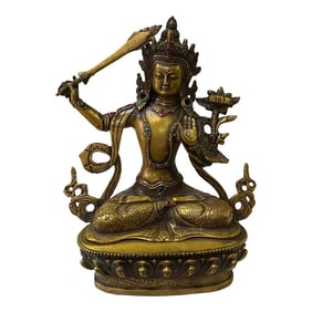 Chinese Distressed Marks Bronze Color Metal Sitting Tibetan Tara Statue