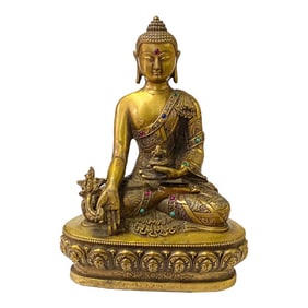 Chinese Distressed Bronze Color Metal Sitting Lotus Buddha Statue