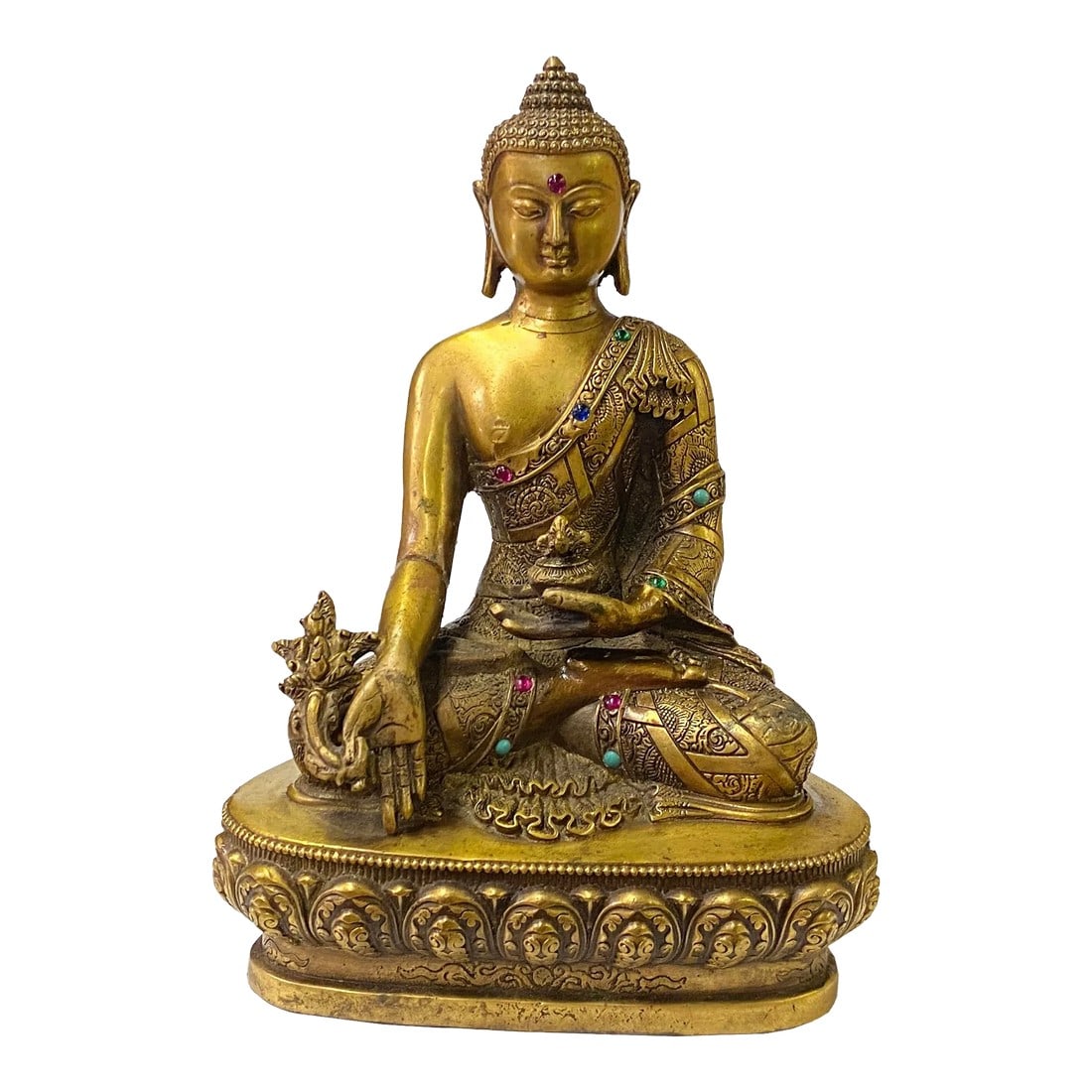 Chinese Distressed Bronze Color Metal Sitting Lotus Buddha Statue: This is a Chinese decorative metal sitting lotus Buddha Gautama Amitabha Shakyamuni statue Bodhisattva statue. It is finished with a vintage rustic look. Patina oxidizes color marks on the surface. 