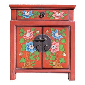 Chinese Oriental Distressed Orange Red Flower End Table Nightstand