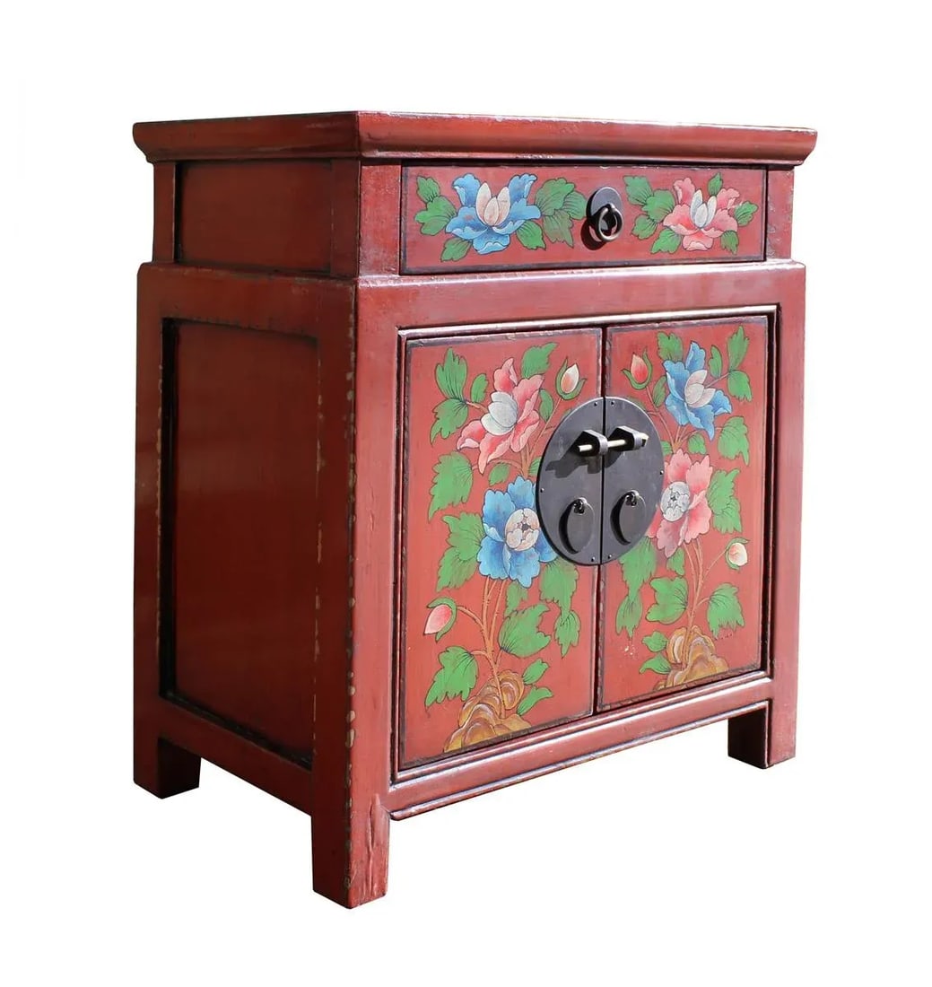 Chinese Oriental Distressed Orange Red Flower End Table Nightstand - 2