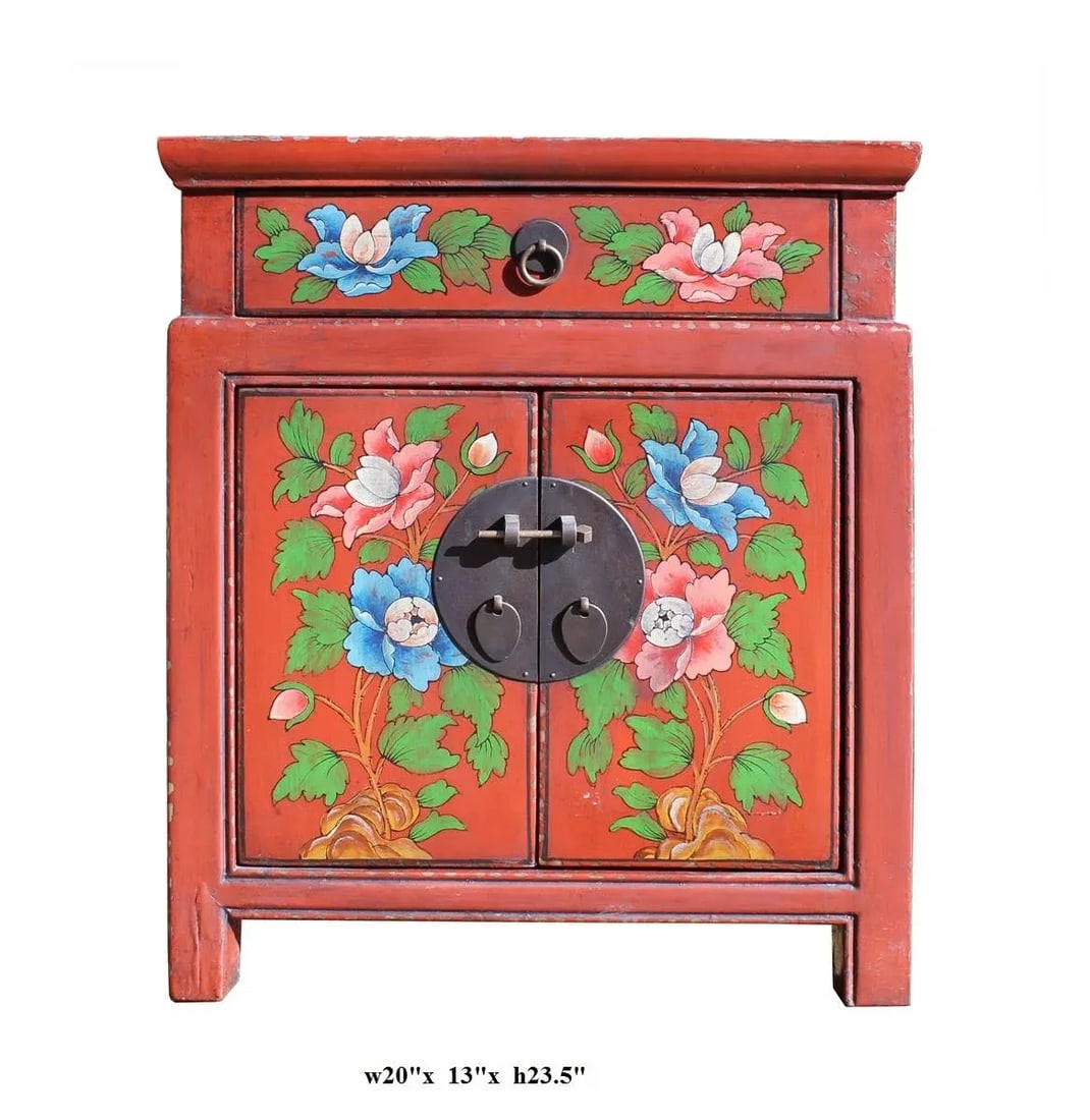 Chinese Oriental Distressed Orange Red Flower End Table Nightstand - 3