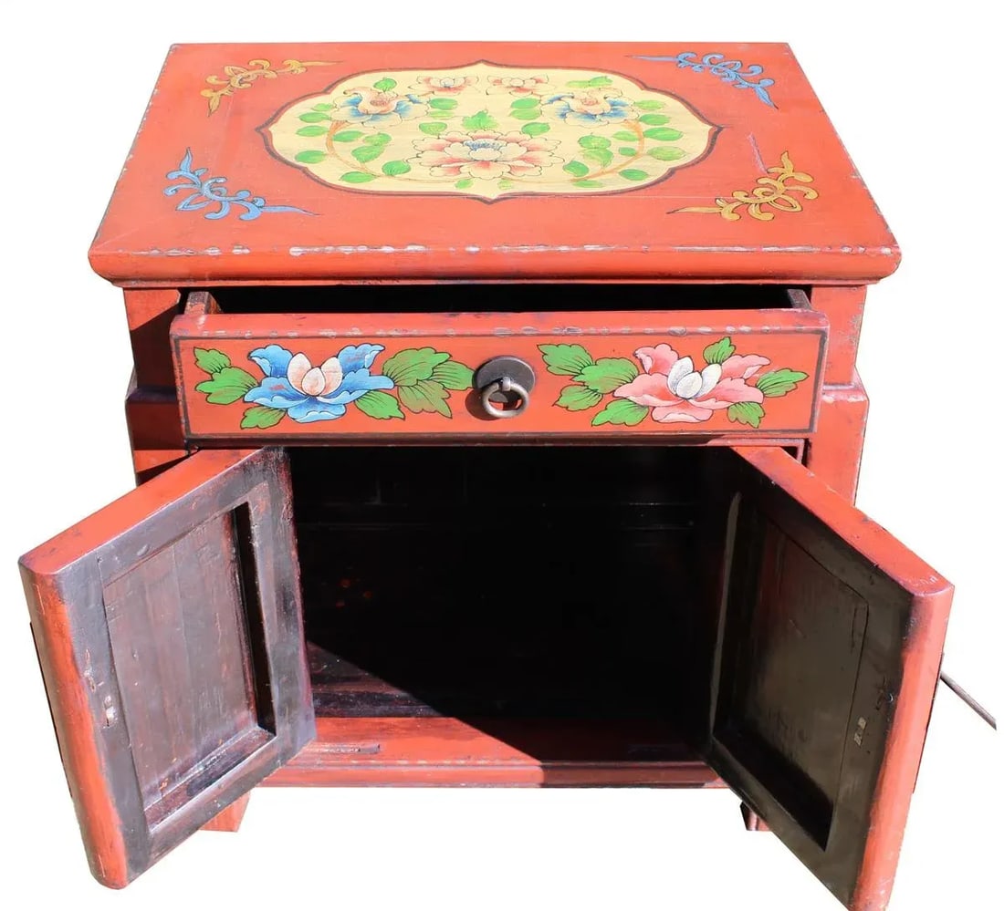 Chinese Oriental Distressed Orange Red Flower End Table Nightstand - 4