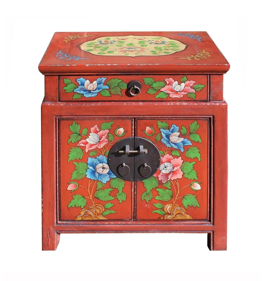 Chinese Oriental Distressed Orange Red Flower End Table Nightstand - 5