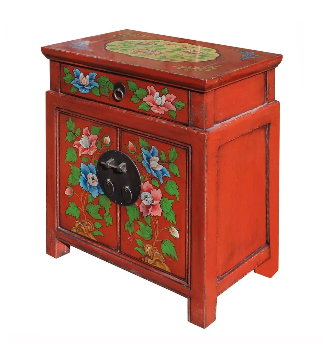 Chinese Oriental Distressed Orange Red Flower End Table Nightstand - 6