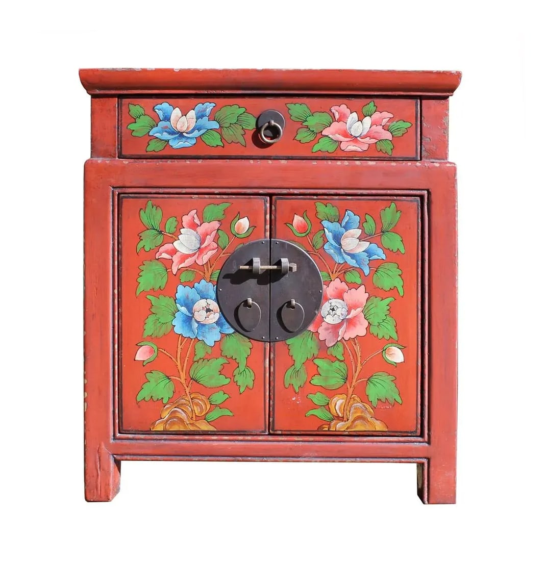 Chinese Oriental Distressed Orange Red Flower End Table Nightstand - 7
