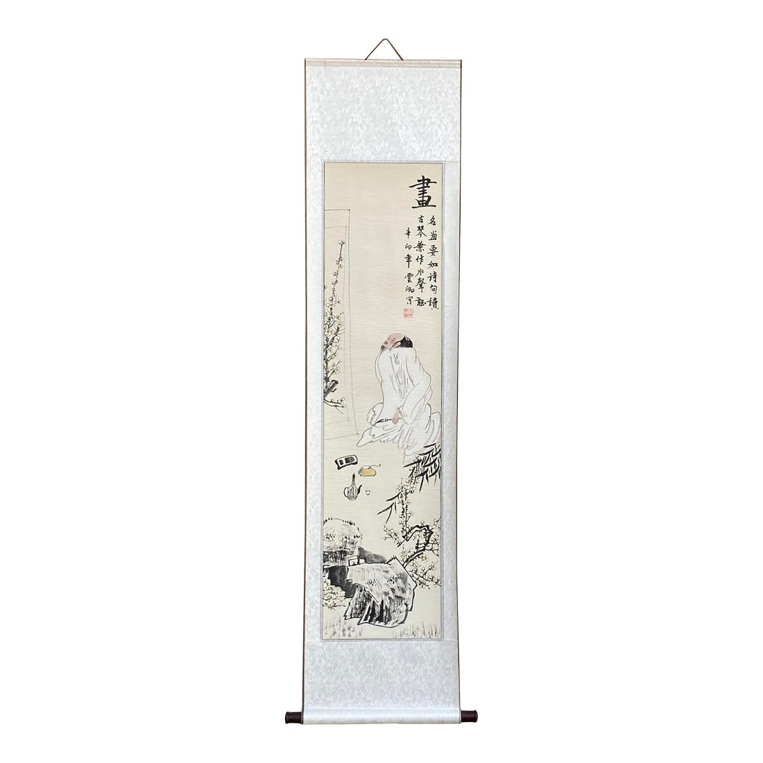 Chinese Calligraphy Writing Scholar Theme Scroll Painting Wall Art: This is a Chinese ink writing calligraphy scholar theme scenery art scroll painting wall decor. Dimensions: w16" x h67" Origin: China Material: Paper Condition: fold marks USA domestic