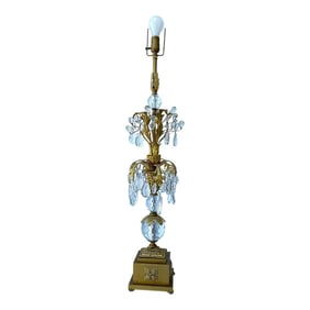 Tall Vintage Hollywood Regency Brass, Gold Gilt & Crystal Table Lamp