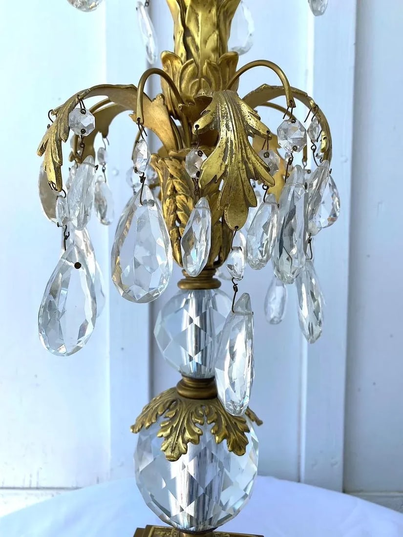 Tall Vintage Hollywood Regency Brass, Gold Gilt & Crystal Table Lamp - 2