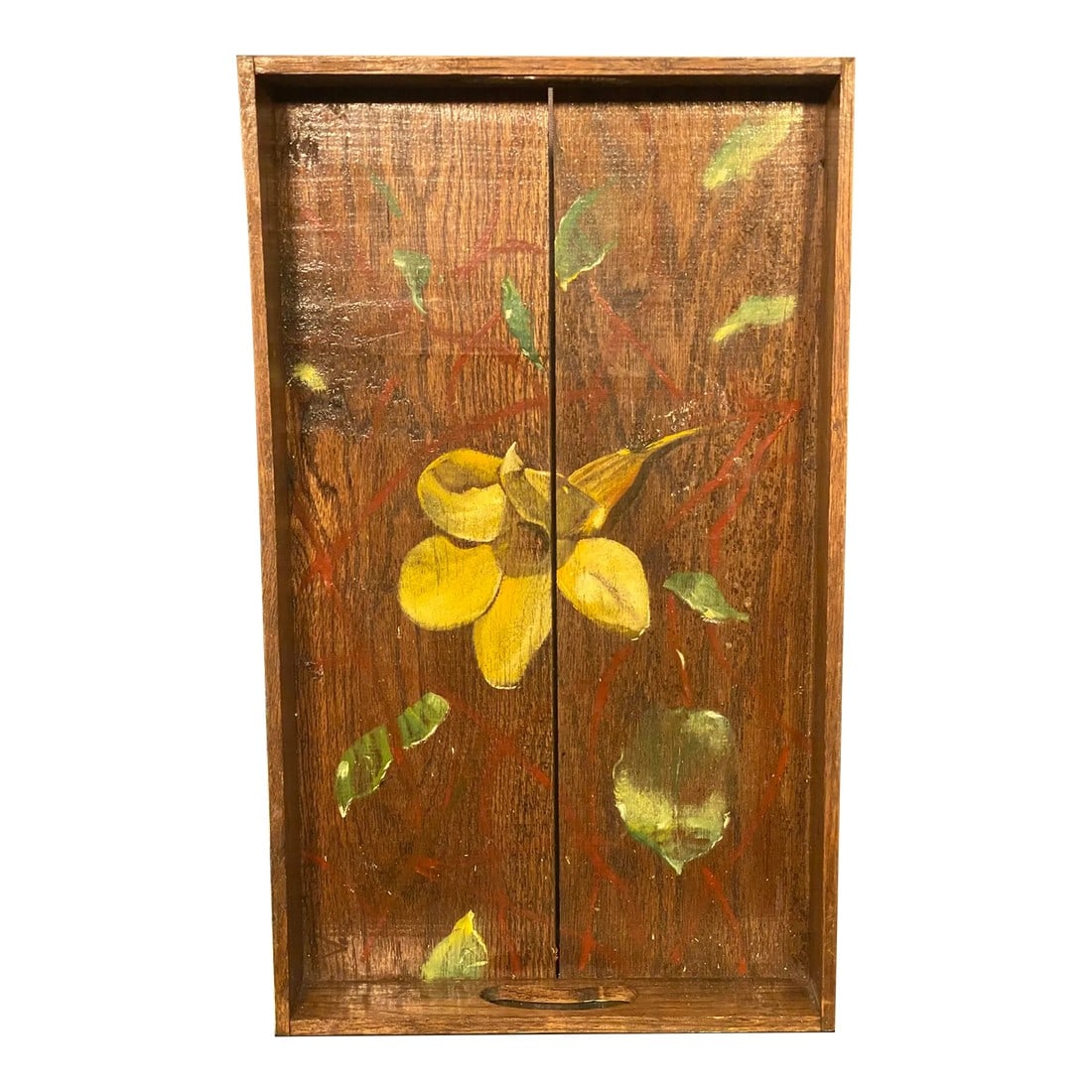 1990s Hand-Painted Wooden Tray: Hand painted wood tray Condition: Imperfections: Some Imperfections Condition Notes: some imperfections on the wood. Dimensions: Height: 2.34 in. Width: 12 in. Depth: 20 in. Category: Trays