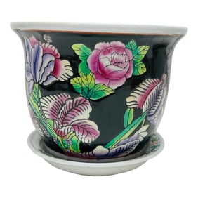 Chinoiserie Floral Pattern Planter With Water Tray