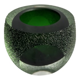 Vintage Alessandro Mandruzzato Murano Style Green Faceted Candle Votive With Textured Surface