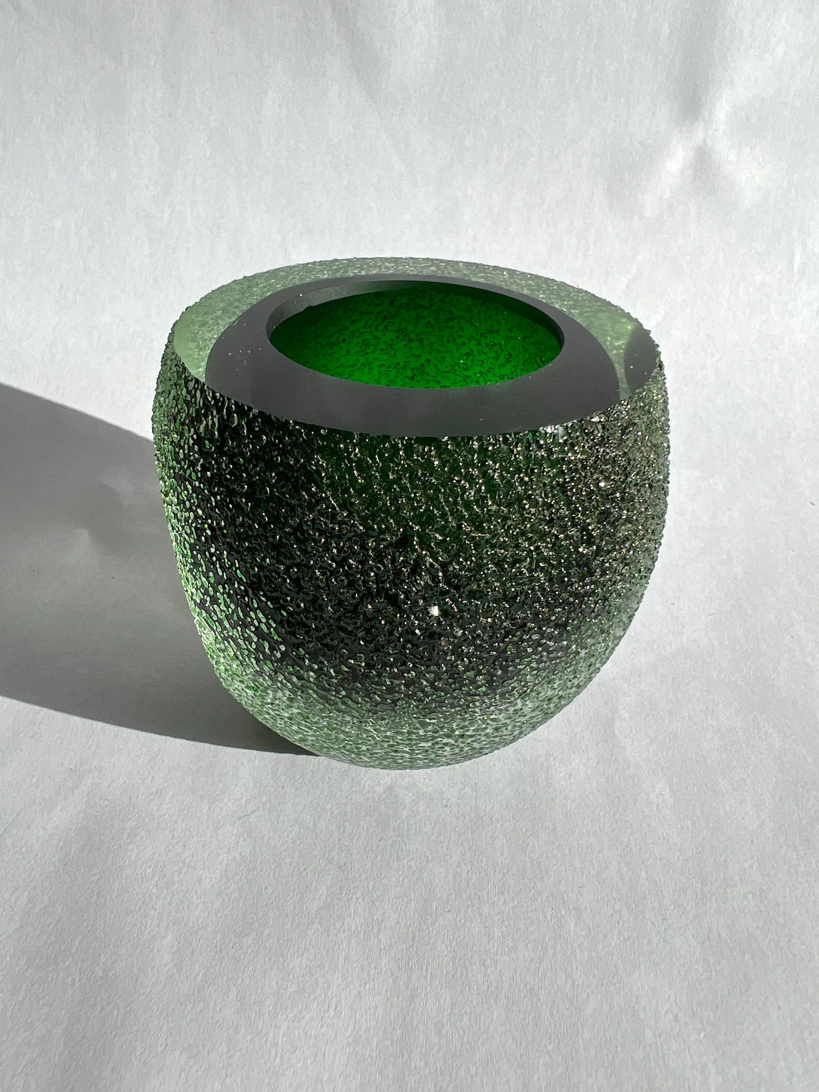 Vintage Alessandro Mandruzzato Murano Style Green Faceted Candle Votive With Textured Surface - 3