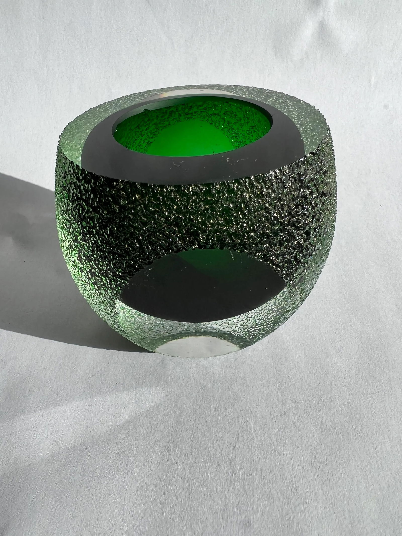 Vintage Alessandro Mandruzzato Murano Style Green Faceted Candle Votive With Textured Surface - 4