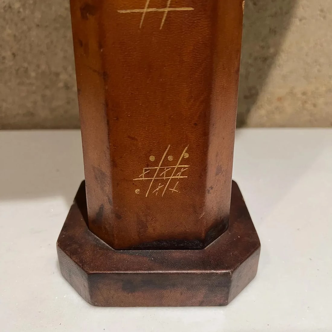 1950s Hand Painted Leather Table Lamp Tic-Tac -Toe Mexico - 10
