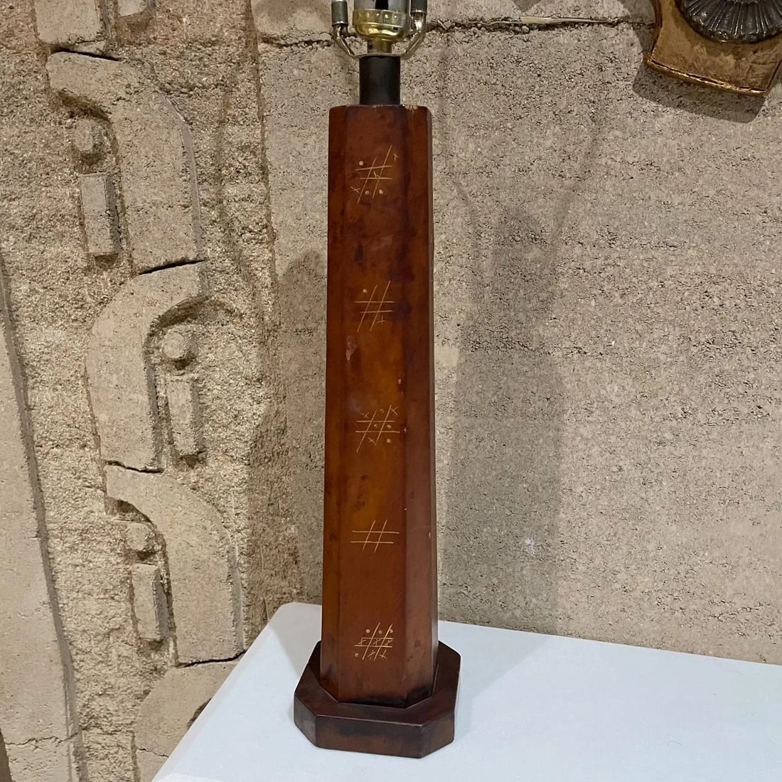 1950s Hand Painted Leather Table Lamp Tic-Tac -Toe Mexico - 2