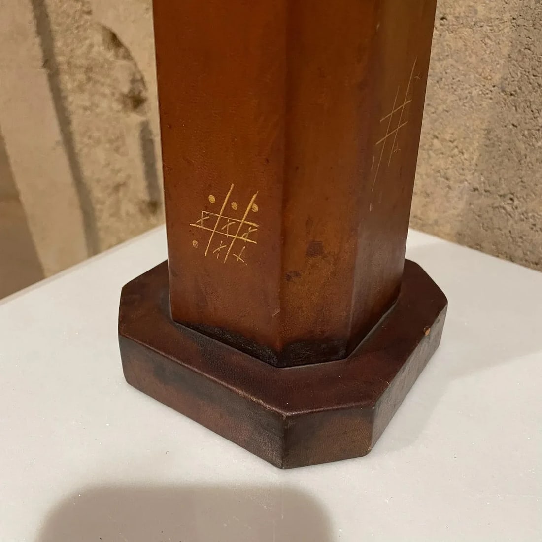 1950s Hand Painted Leather Table Lamp Tic-Tac -Toe Mexico - 3