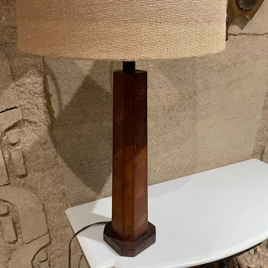 1950s Hand Painted Leather Table Lamp Tic-Tac -Toe Mexico - 5