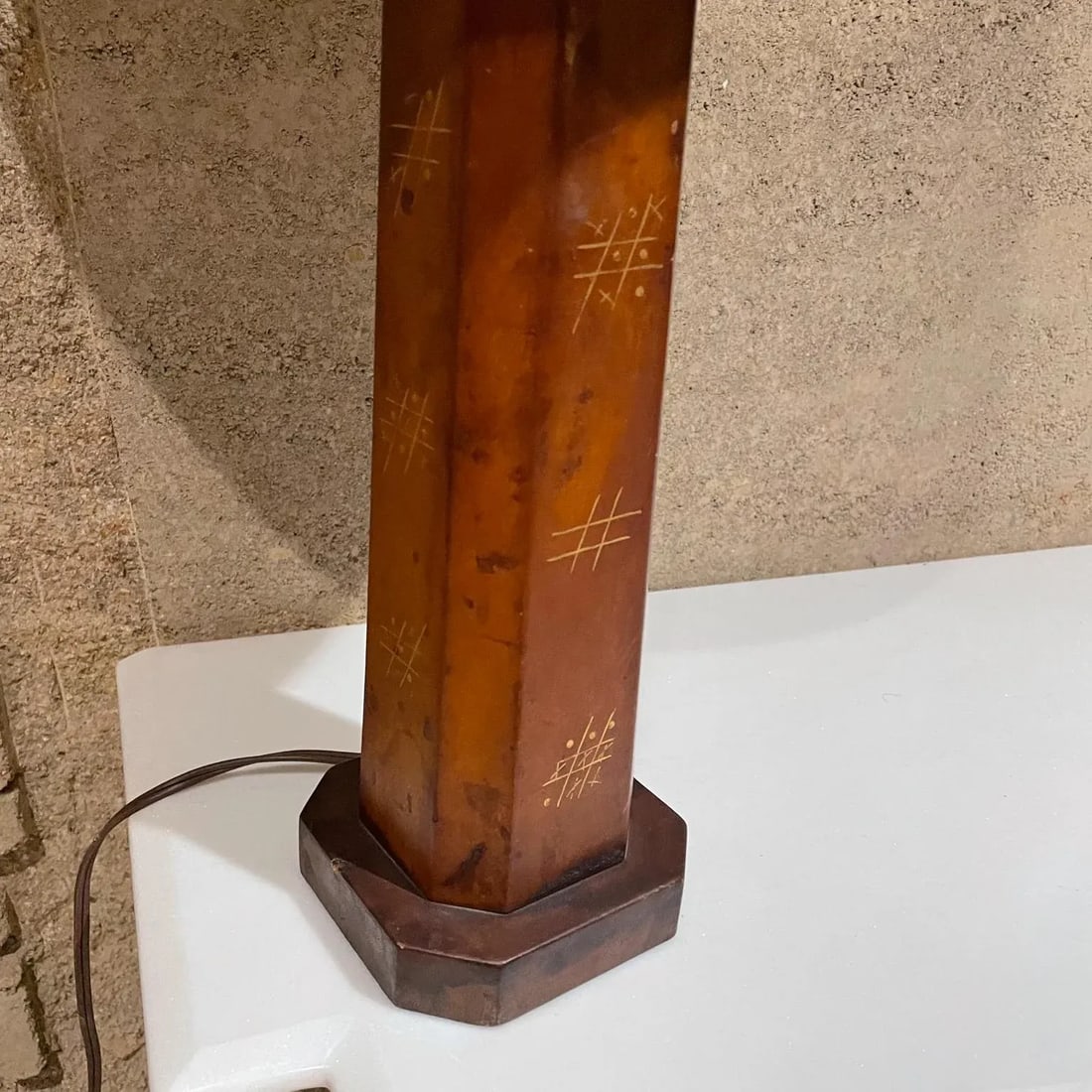 1950s Hand Painted Leather Table Lamp Tic-Tac -Toe Mexico - 7