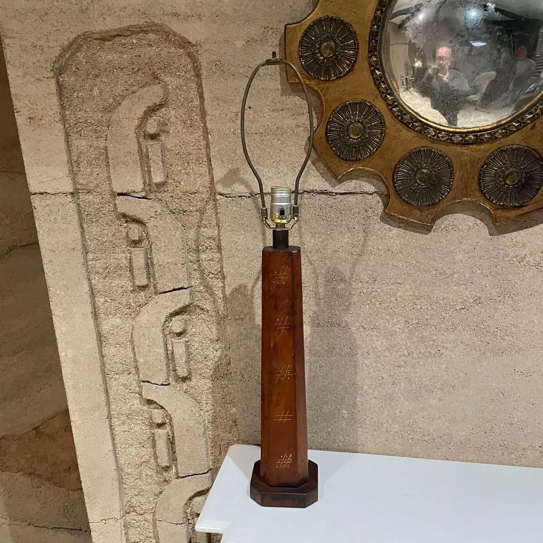 1950s Hand Painted Leather Table Lamp Tic-Tac -Toe Mexico - 8