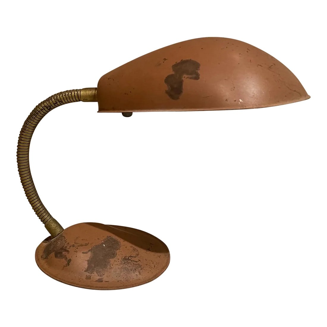 1960s Cobra Desk Lamp Style of Greta Grossman: AMBIANIC presents Faded Brown Vintage Desk lamp, Greta Grossman Cobra Style. USA 1960s Los Angeles 11 tall x 9 w x 14 d Original unrestored preowned vintage condition. Brown color. Some areas fading