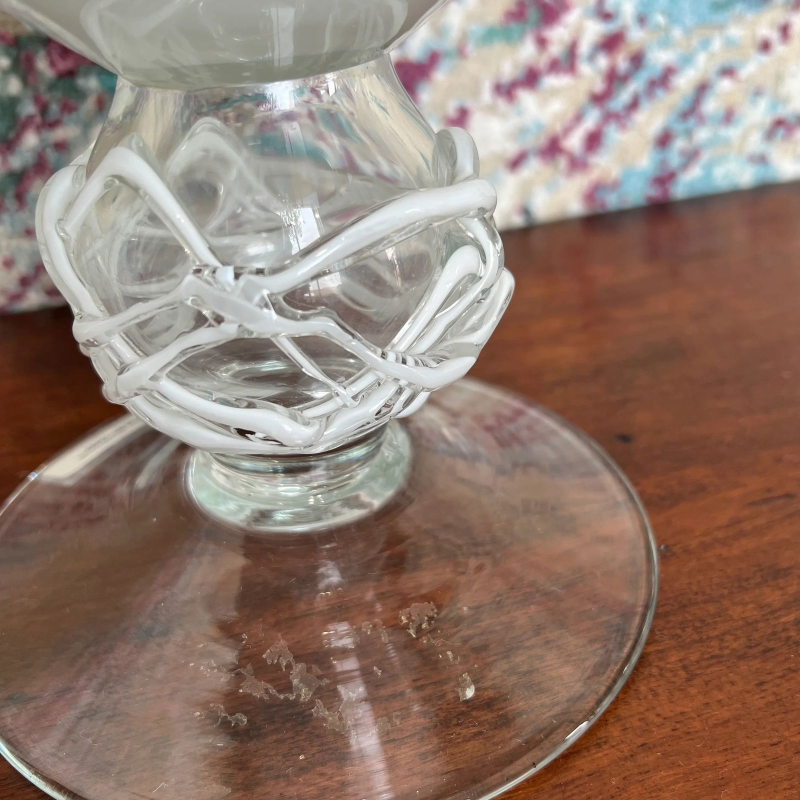 Italian White Glass Vase With Silicon Design on Pedestal - 6