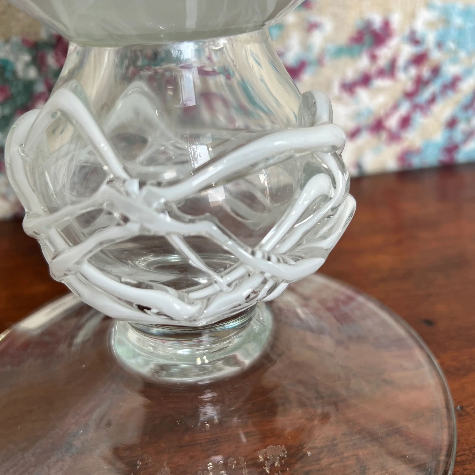 Italian White Glass Vase With Silicon Design on Pedestal - 9