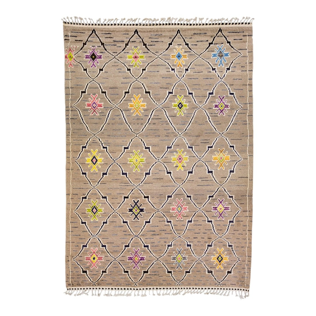 Brown Modern Moroccan Style Handmade Tribal Wool Rug: Beautiful modern Moroccan style hand-knotted wool rug with a brown field. This piece has multicolor accent colors in a gorgeous tribal design with fringes on the top and bottom end. This rug