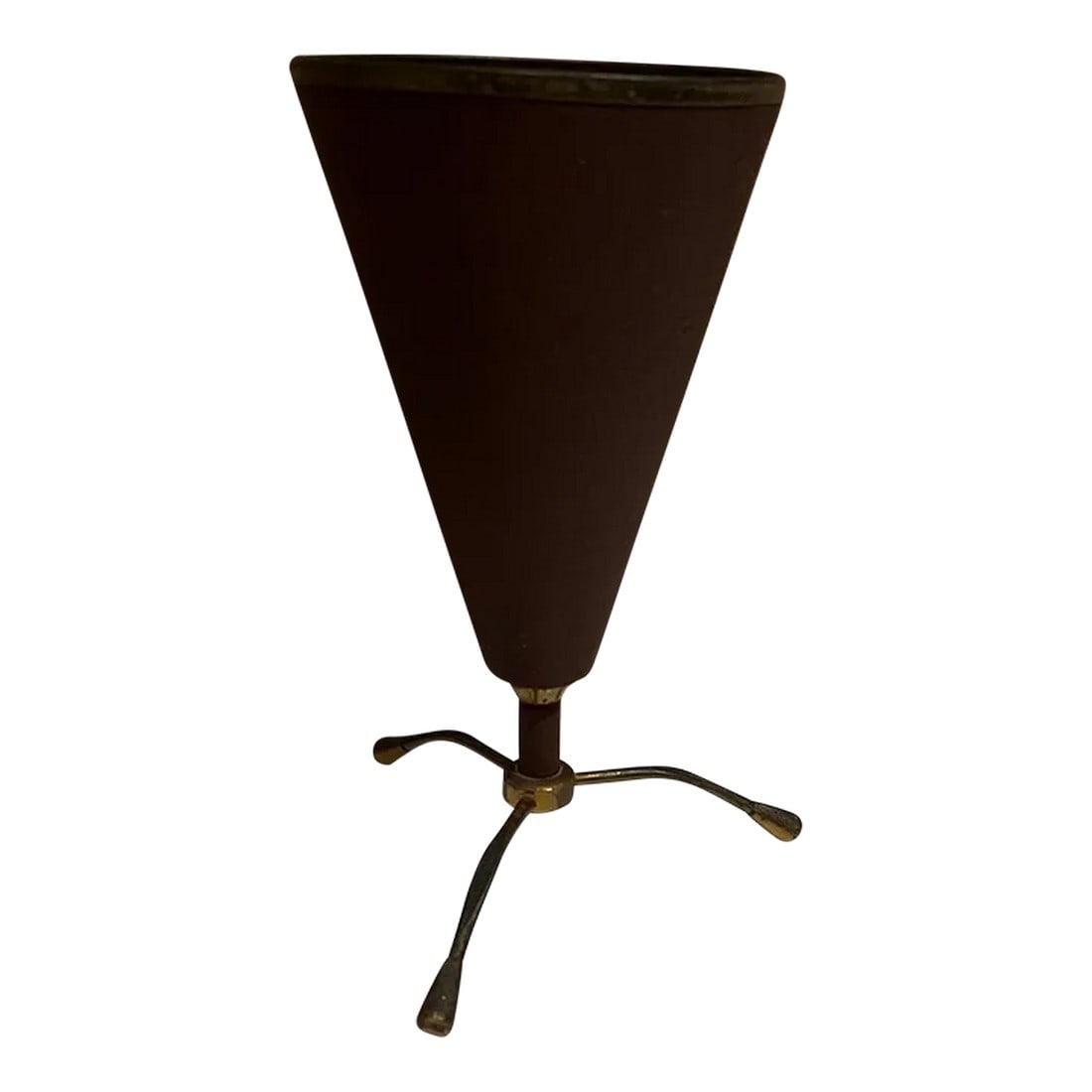 1950s Petite Stilnovo Attributed Italian Modern Design Tripod Desk Table Lamp: AMBIANIC presents Mid Century Modern Italian Petite Tripod Desk Table Lamp. Italy, 1950s Brass Metal Unmarked attributed to Stilnovo. 8 tall x 5.25 diameter Preowned unrestored original vintage condit