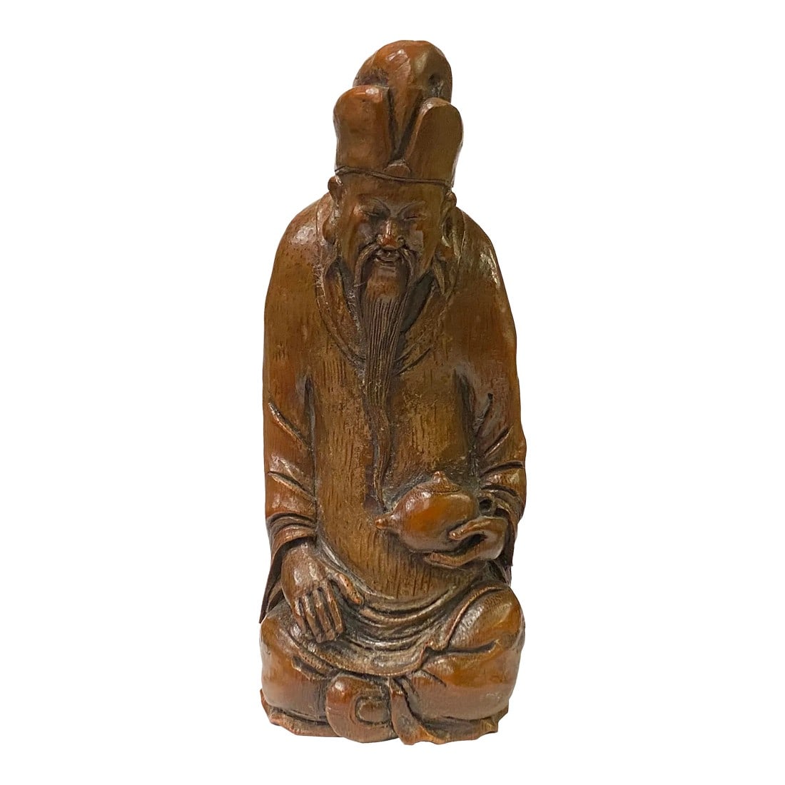 Chinese Bamboo Carved Old Man Scholar Meditation Figure: This is a collectible and decorative oriental old man scholar figure carved from a natural bamboo plant. There is precise detail on the facial expression. Dimensions: Dia 3" x h7.5" Origin: China