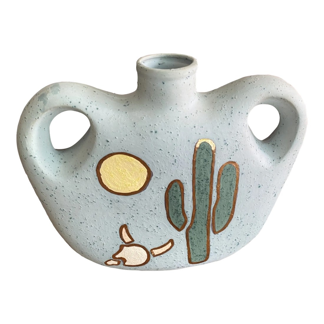 Southwestern Gold Cactus Details Vase: This is a beautiful southwestern gold cactus detailed vase. This is perfect for the interior designer or the enthusiast! Condition: Alterations: Original Condition Unaltered Imperfections: Some