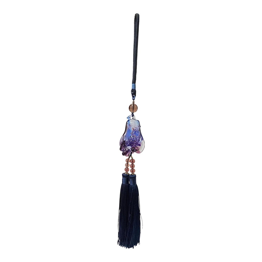 Crystal Glass Fengshui Fortune Purple Pixiu Fruit Pendant Decor Tassel: This is a liuli crystal glass art piece in a Chinese Fengshui purple Pixiu on a buddha hand fruit shape pendant. It is made into a decorative tassel for displaying in the car, on a cabinet or as a