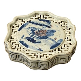 Chinese Blue White Scenery Porcelain Coaster Stand Soap Holder