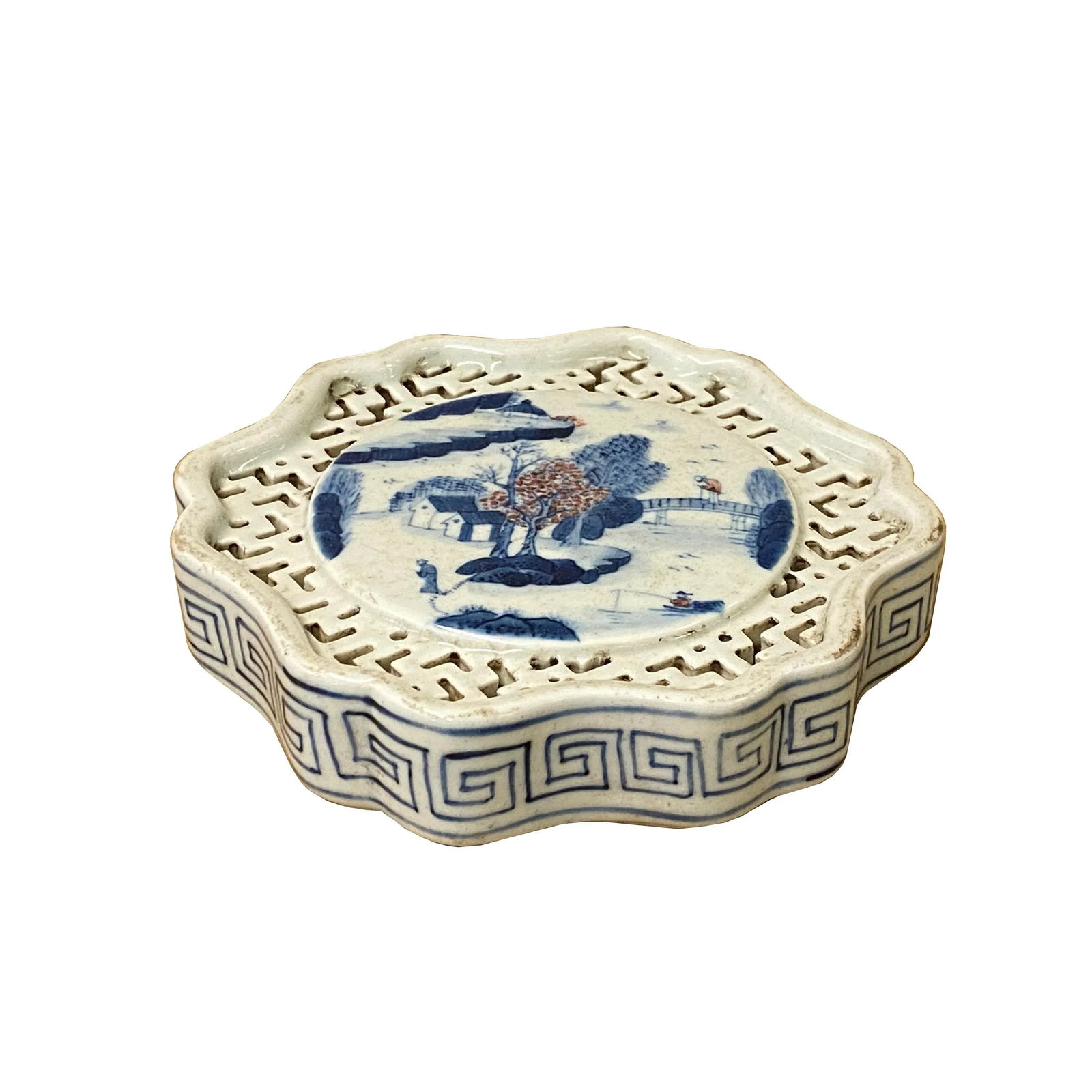 Chinese Blue White Scenery Porcelain Coaster Stand Soap Holder - 2