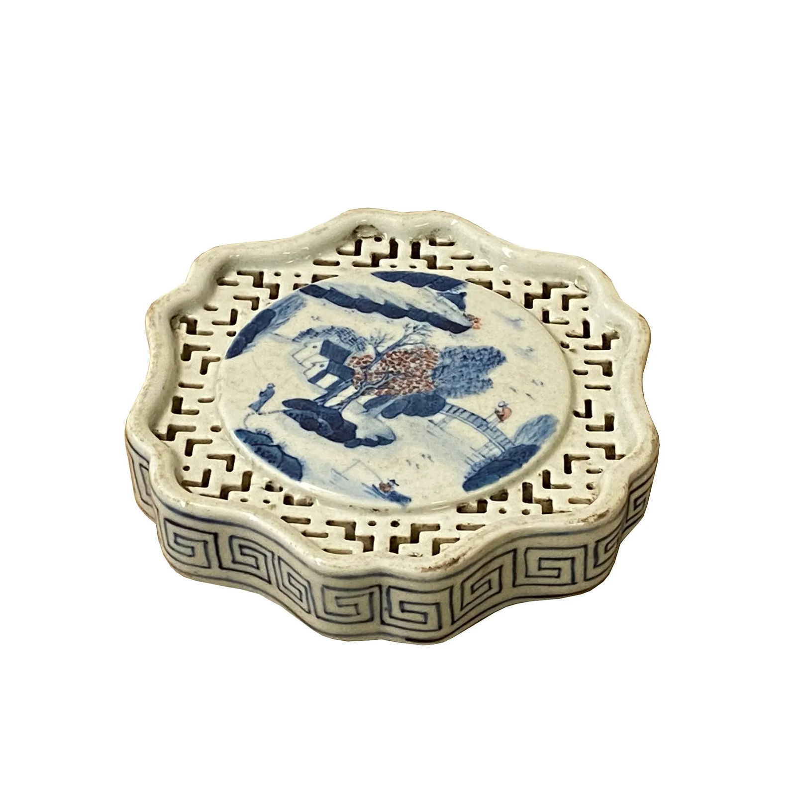 Chinese Blue White Scenery Porcelain Coaster Stand Soap Holder - 5