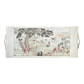 Chinese Color Ink Horizontal Horses Theme Scroll Painting Wall Art