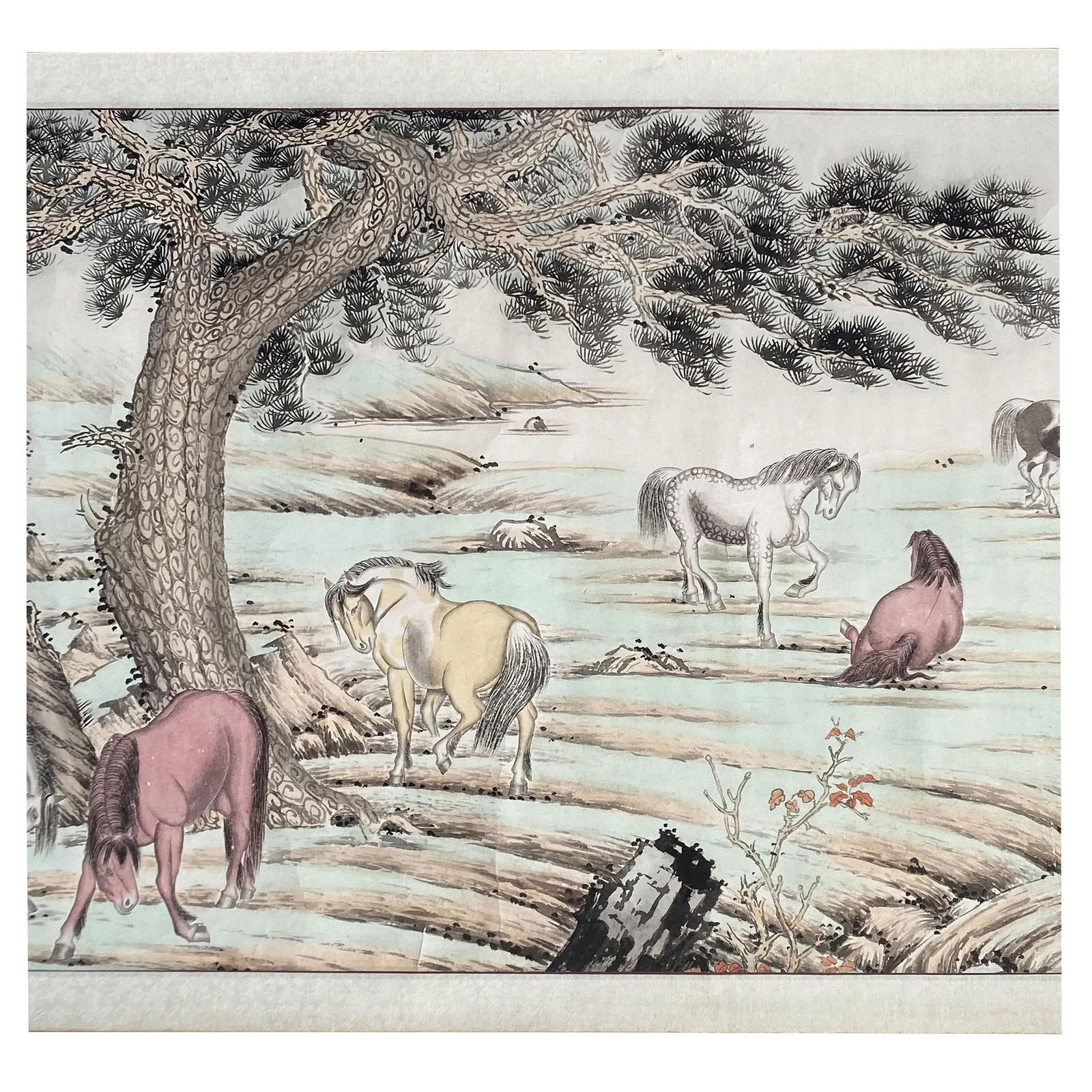 Chinese Color Ink Horizontal Horses Theme Scroll Painting Wall Art - 5