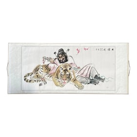 Chinese Color Ink Horizontal Tiger Fengshui Scroll Painting Wall Art