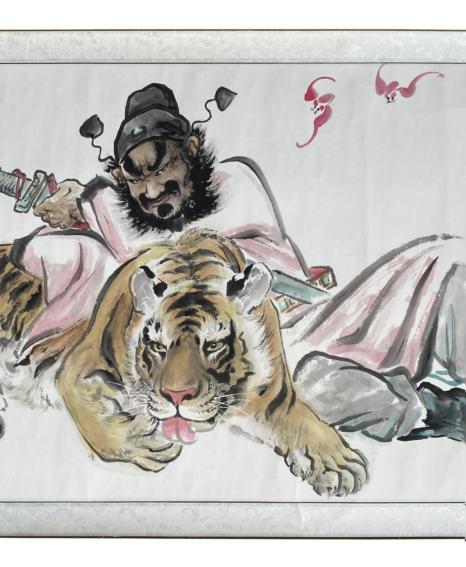 Chinese Color Ink Horizontal Tiger Fengshui Scroll Painting Wall Art - 4