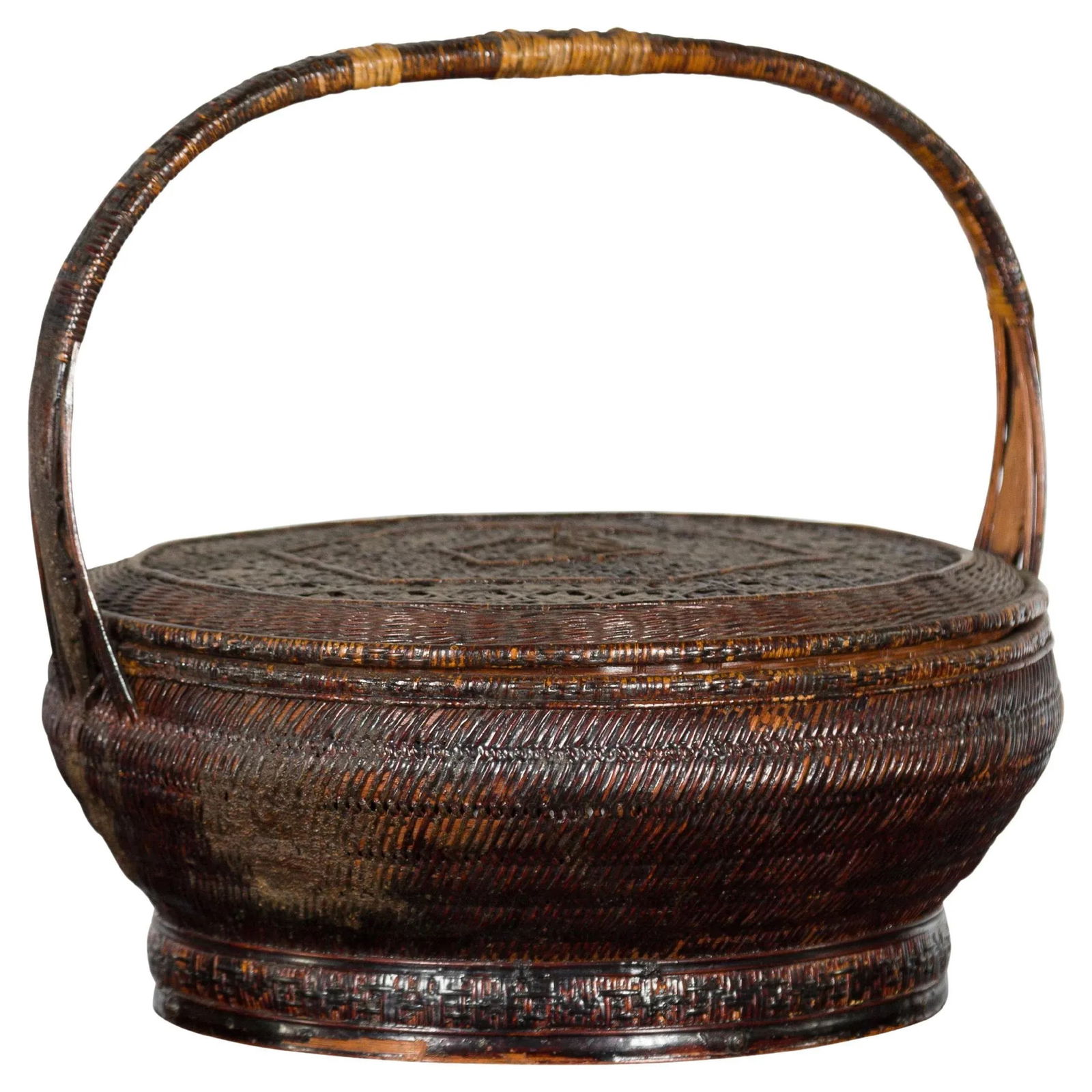 19th Century Chinese Qing Dynasty Handwoven Rattan & Bamboo Handled Basket - 13