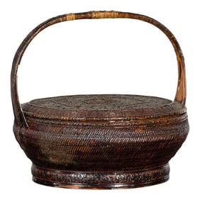 19th Century Chinese Qing Dynasty Handwoven Rattan & Bamboo Handled Basket